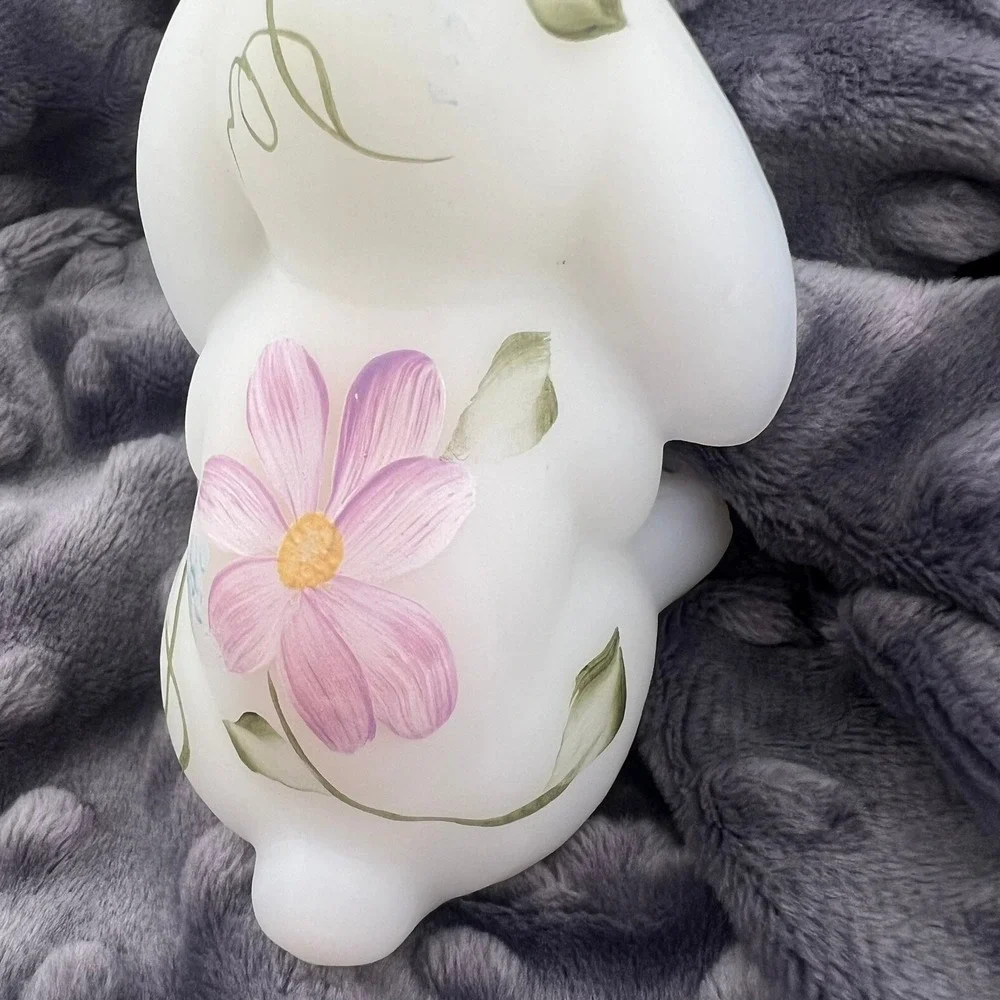 Fenton Opal Satin Lop Eared Bunny Rabbit Floral Crystals Signed 3.75